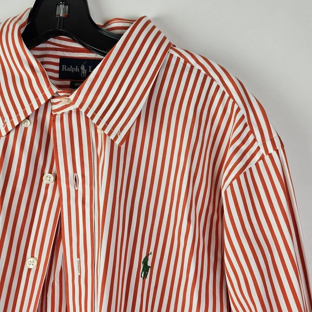 Ralph Lauren Orange Striped Long Sleeve Dress Shirt XL Custom Fit Green Pony - Picture 7 of 8